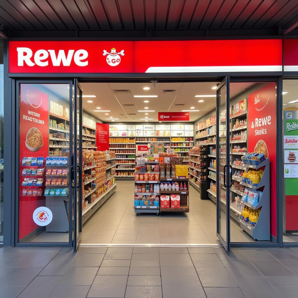 Eingangsbereich des Rewe To Go Shops an der Aral Tankstelle Leverkusen Bonner Straße mit großer Auswahl an Snacks, Getränken und Reisebedarf