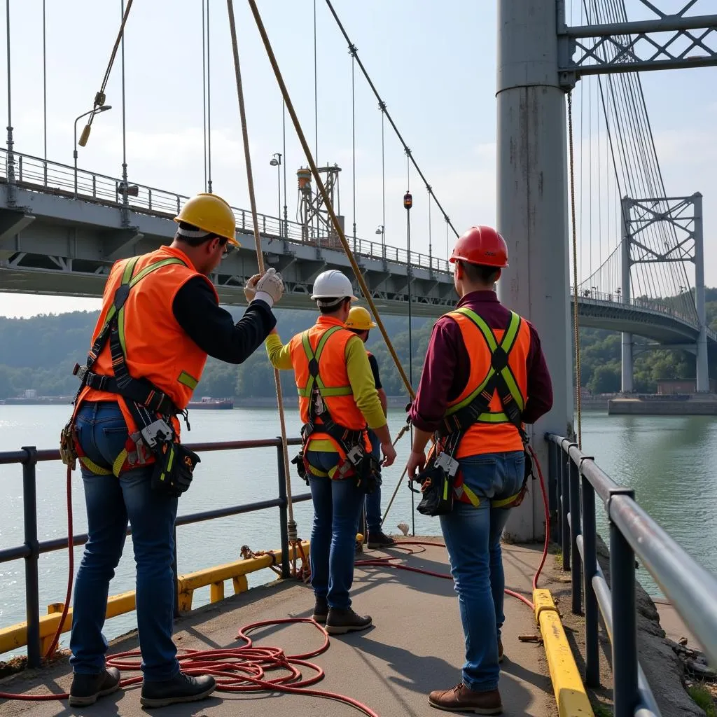 Arbeiter führen Reparaturen an der Leverkusener Rheinbrücke durch