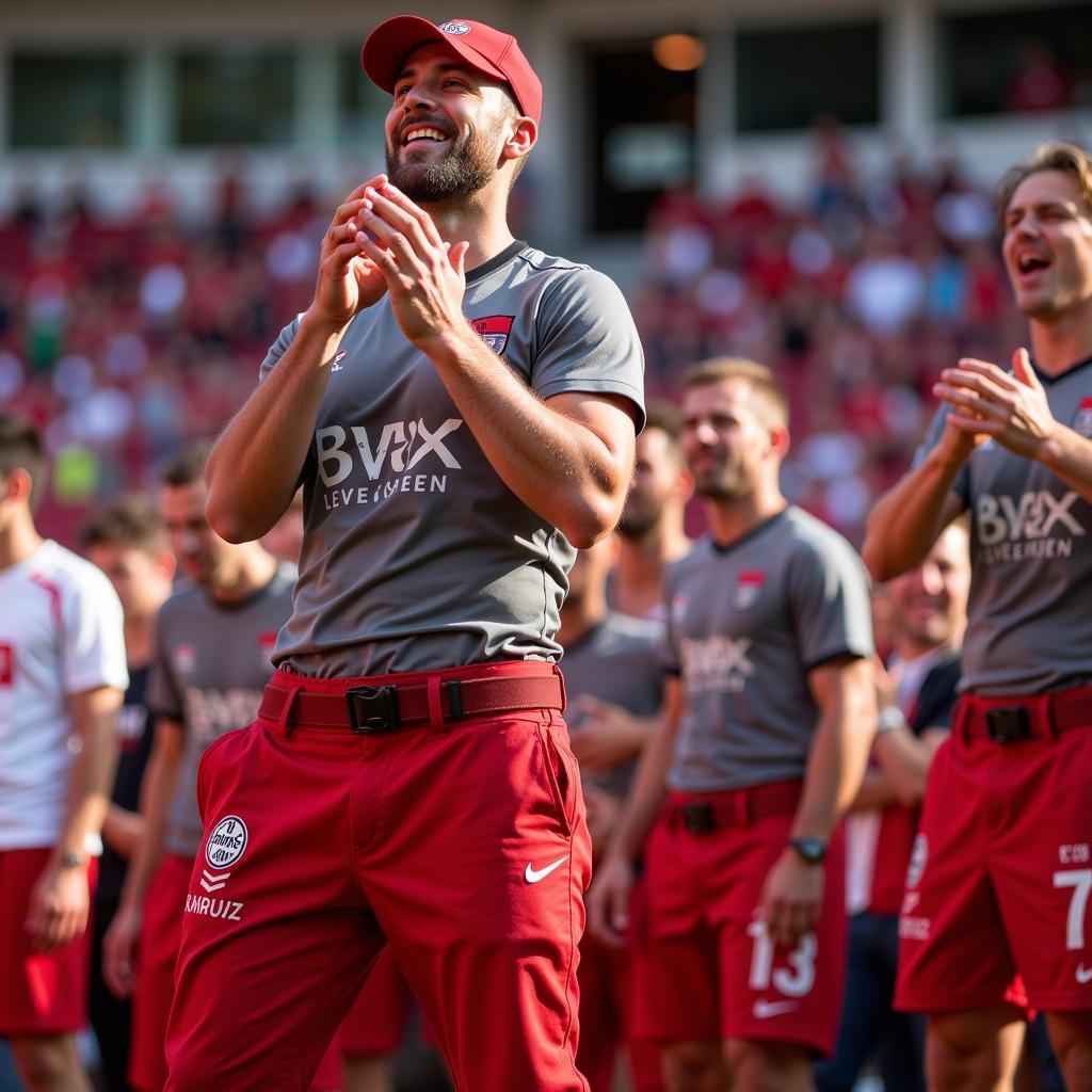 Fan trägt Arbeitshose Leverkusen im Stadion