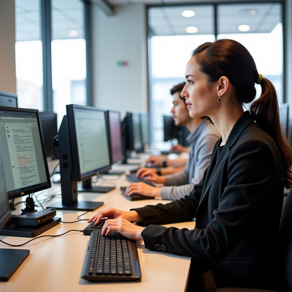 Arbeitssuchende nutzen Computer im Arbeitsamt Leverkusen