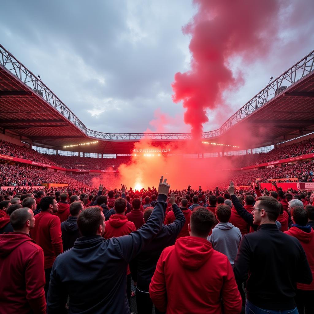 Fans auf dem Arkadenplatz Leverkusen feiern einen Sieg