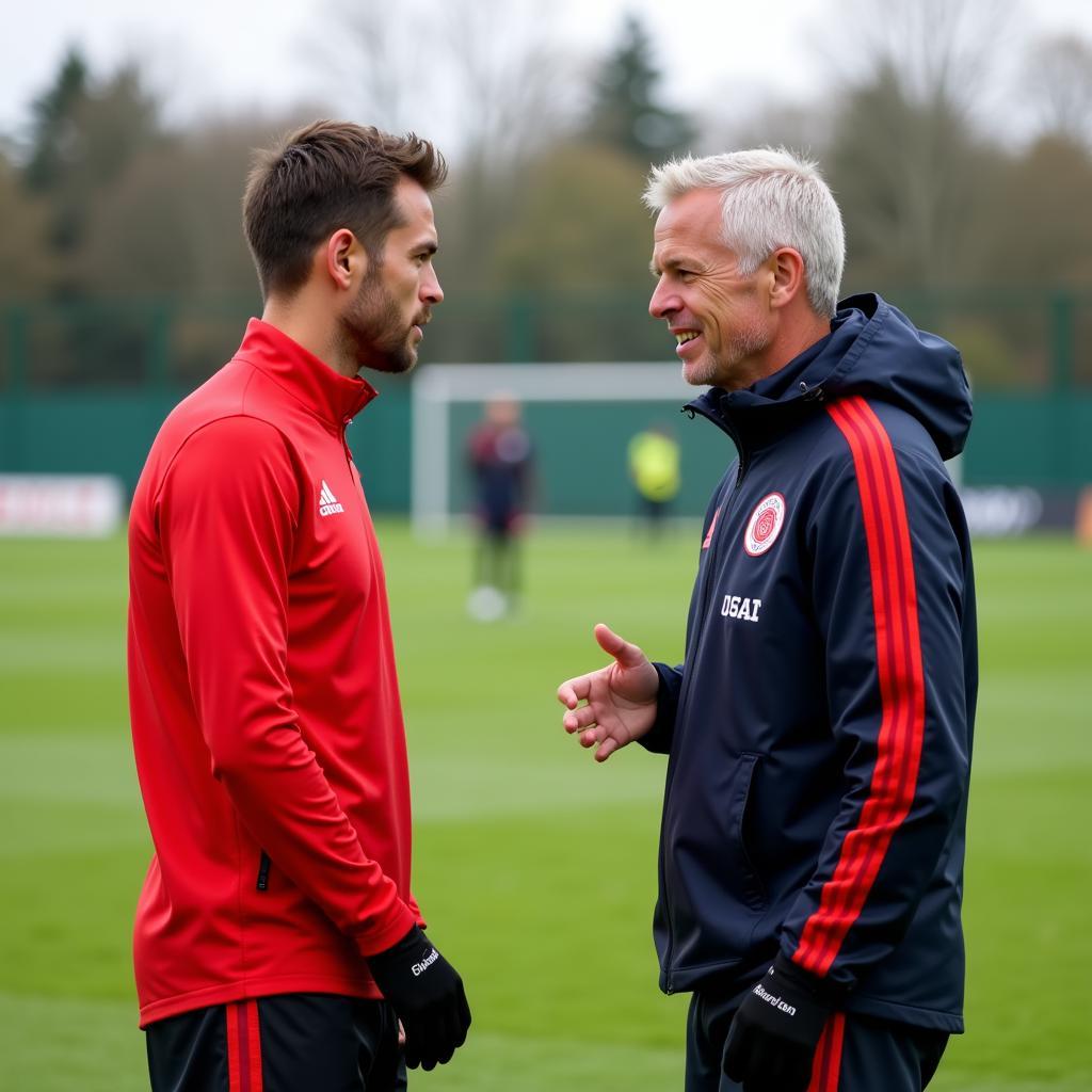 Arndt Ziegler im Gespräch mit Spieler auf dem Trainingsgelände