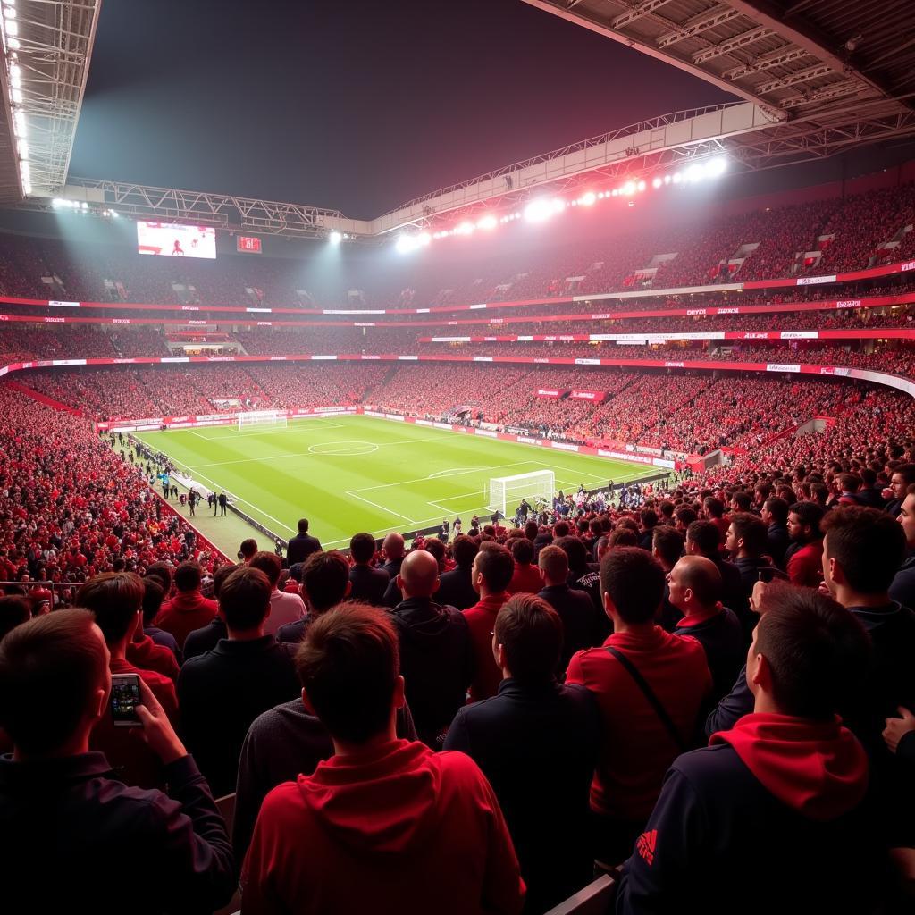 Fans im Stadion bei einem Spiel Arsenal gegen Leverkusen.