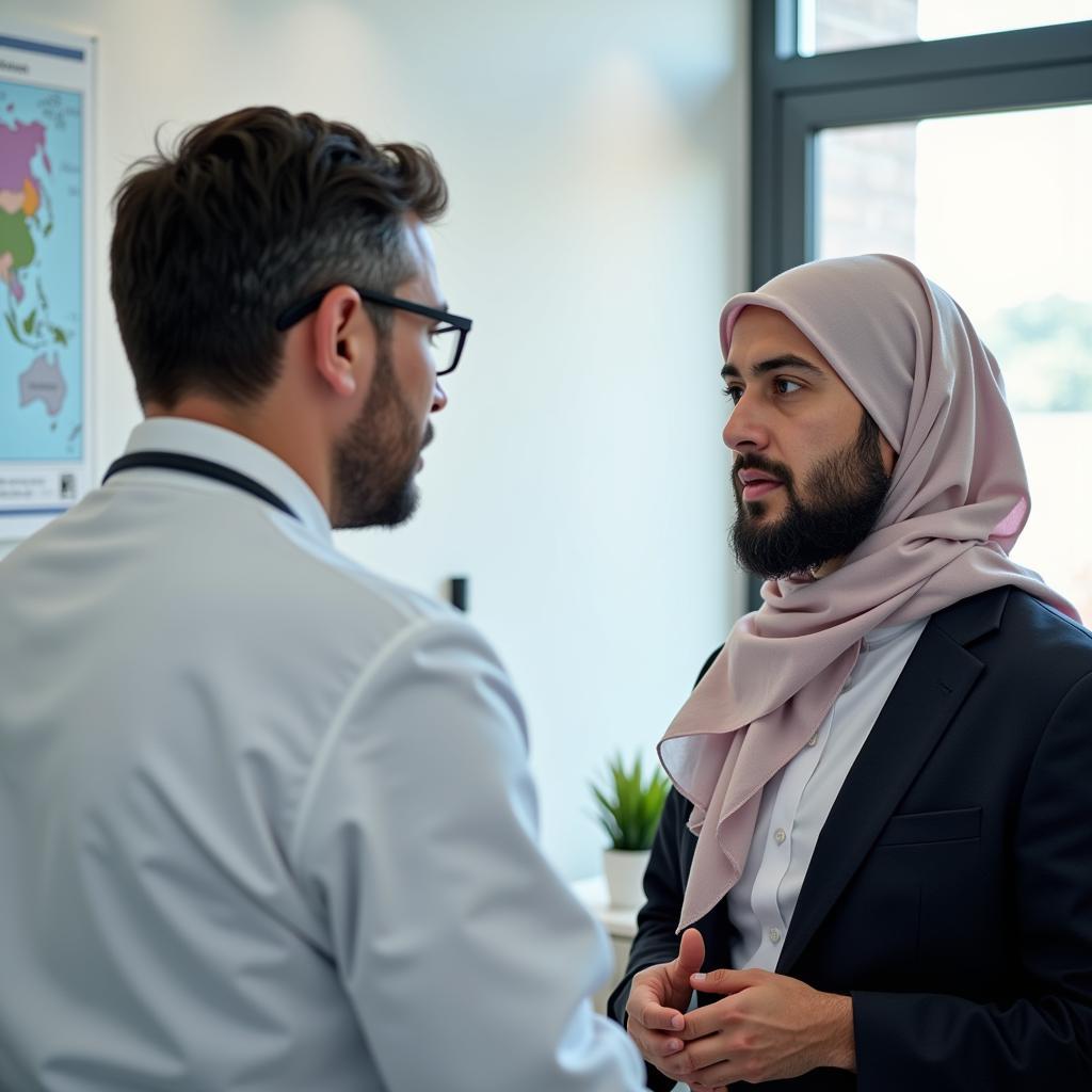 Ein Arzt in Leverkusen spricht mit einem muslimischen Patienten