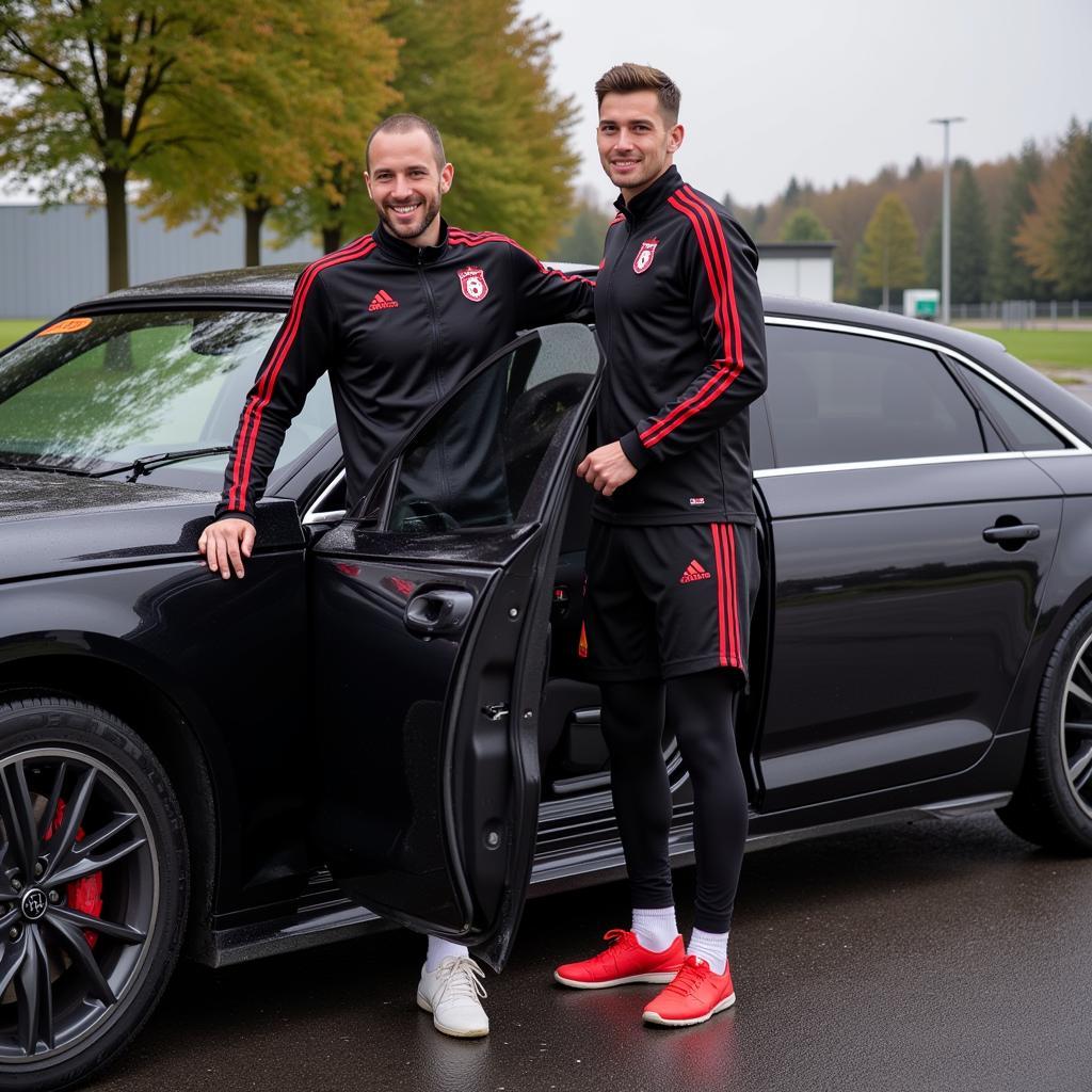 Spieler von Bayer 04 Leverkusen steigen aus einem Audi A4