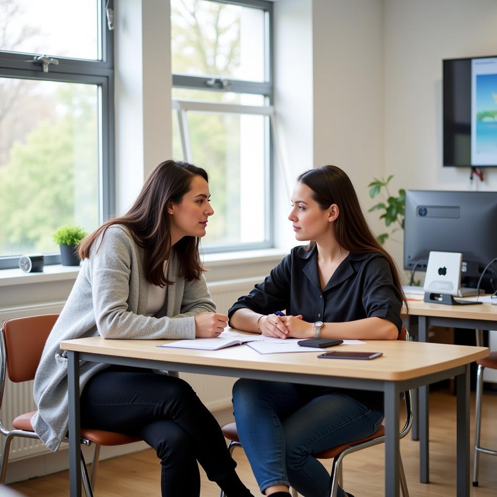 Ein Lehrer berät einen Schüler in der Aufbaurealschule Leverkusen.