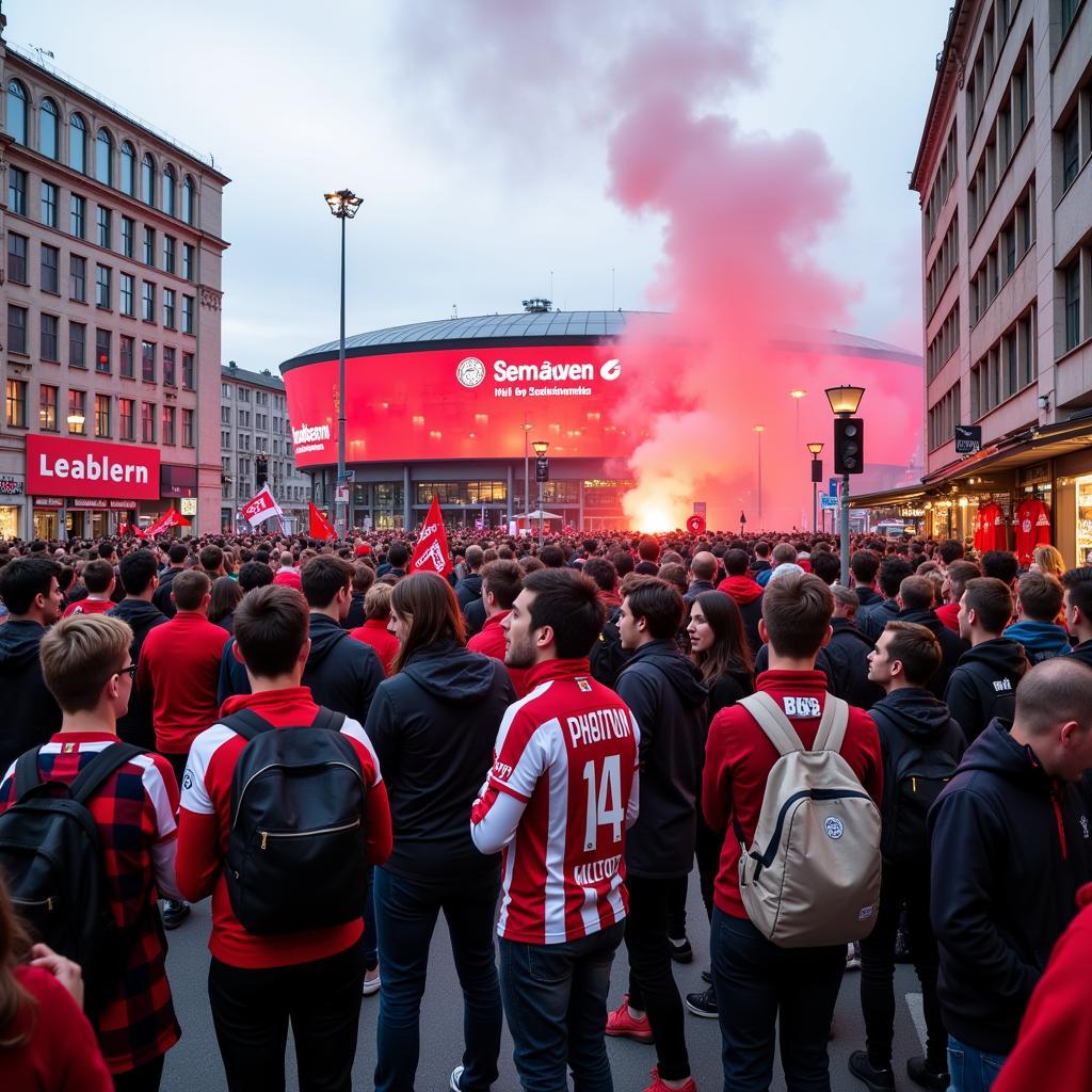 Fans von Bayer 04 Leverkusen versammeln sich auf der August-Kekulé-Straße vor der BayArena.