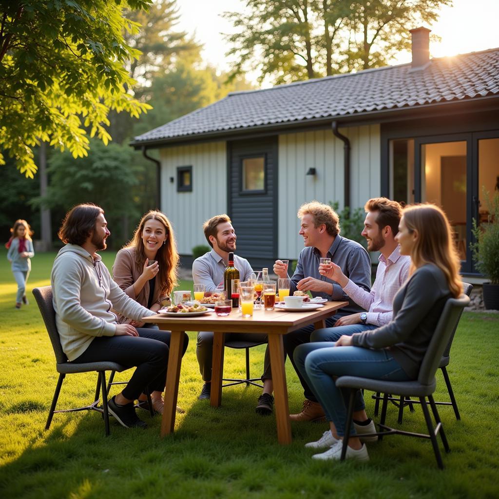 Gartenparty mit Freunden und Familie in einem Garten eines Ausbauhauses in Leverkusen