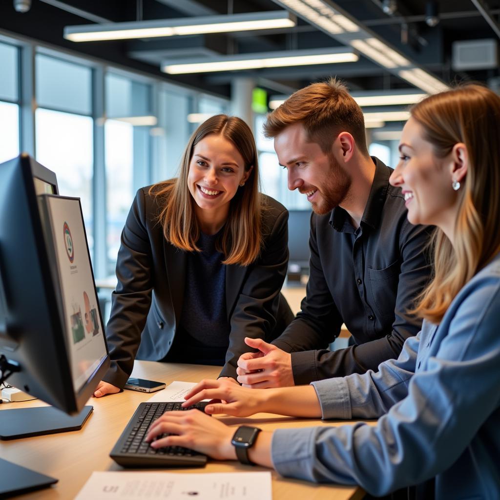 Junge Menschen arbeiten gemeinsam an einem Marketingprojekt im Büro von Bayer 04 Leverkusen