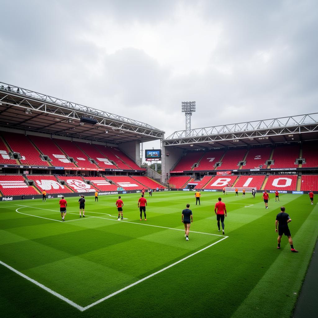 Spieler von Bayer 04 Leverkusen trainieren im Stadion