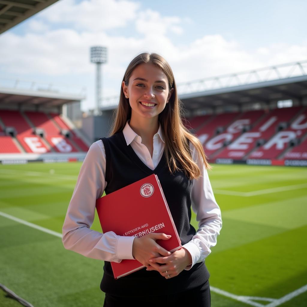 Junge Frau lächelt in die Kamera im Hintergrund ist ein Fußballstadion zu sehen.