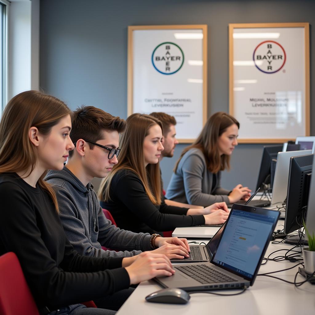 Eine Gruppe von jungen Menschen sitzt in einem Büro und arbeitet an Laptops. Im Hintergrund sind Bayer Leverkusen Poster zu sehen.