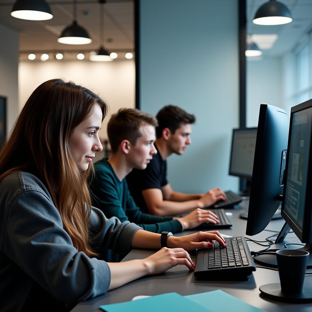 Junge Menschen arbeiten an Computern im Büro von Bayer Leverkusen