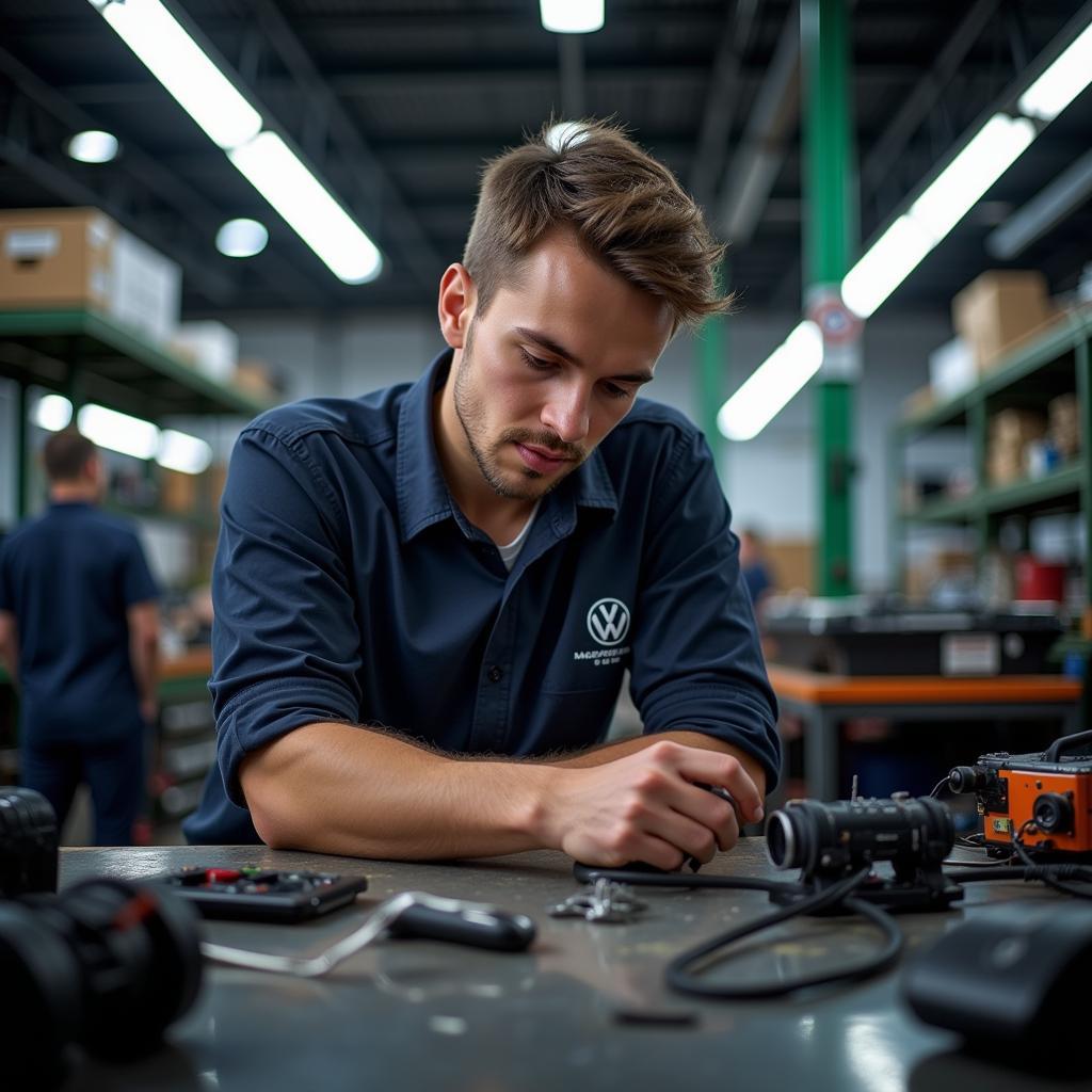 Ein Auszubildender arbeitet in einer Werkstatt in Leverkusen