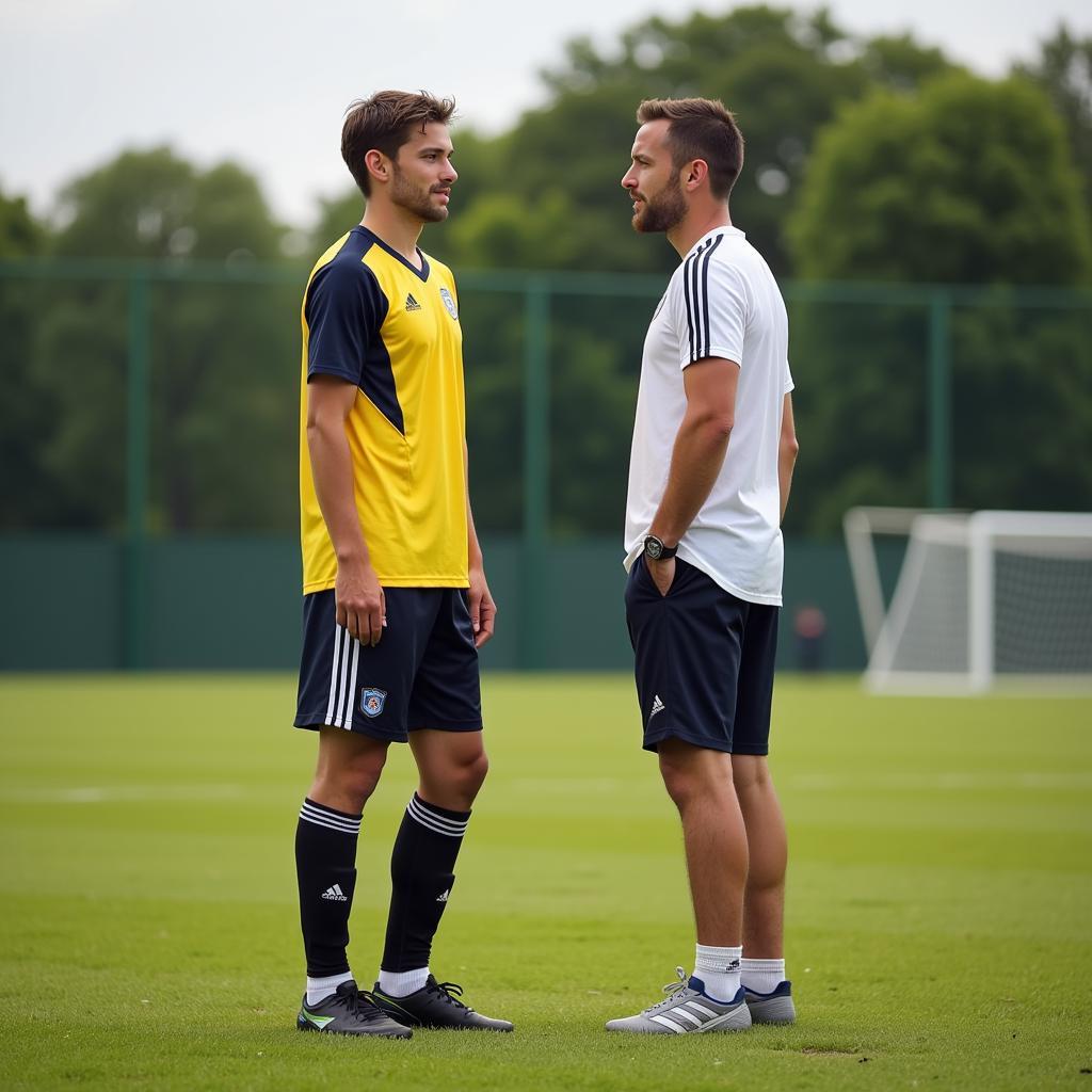 Ein junger Fußballer spricht mit seinem Trainer.