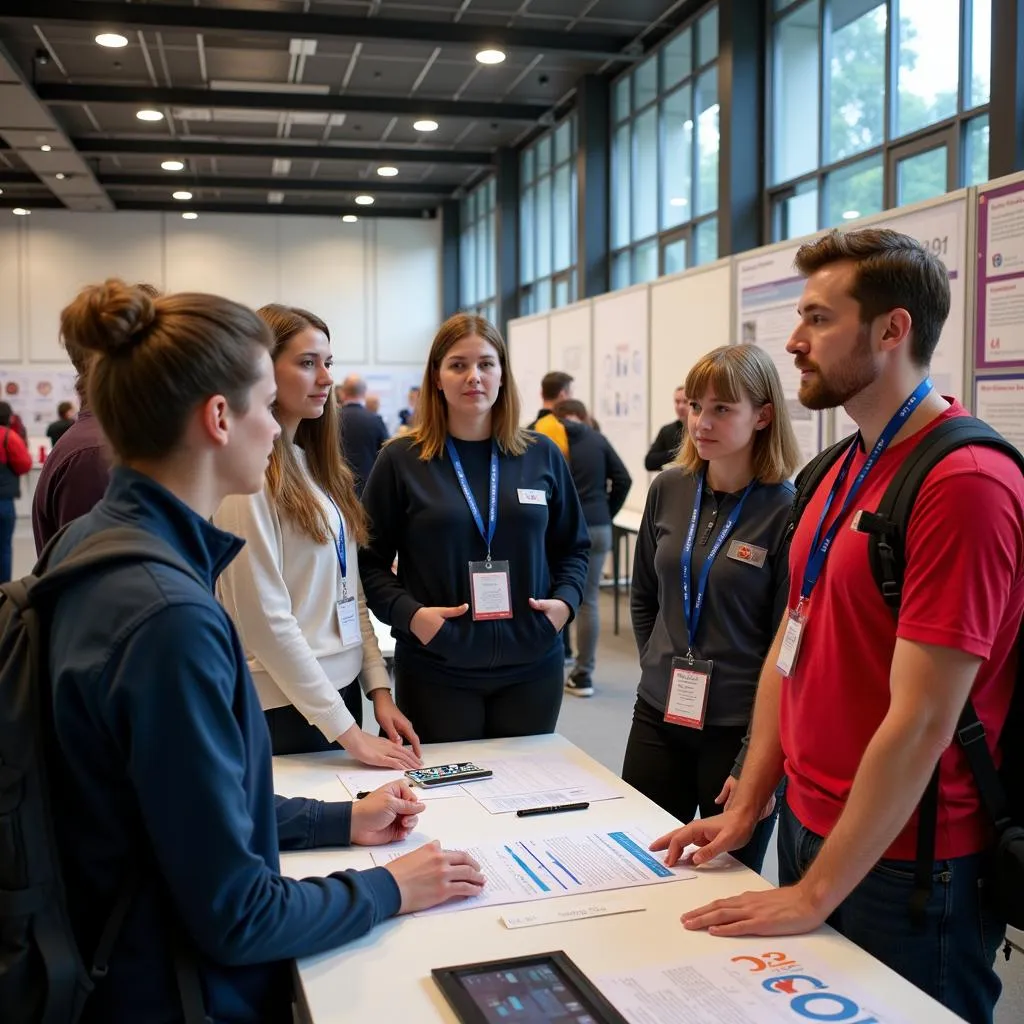 Mehrere junge Menschen stehen an einem Stand auf einer Ausbildungsmesse in Leverkusen und lassen sich von einem Mitarbeiter der Stadtverwaltung über die Ausbildung im öffentlichen Dienst informieren