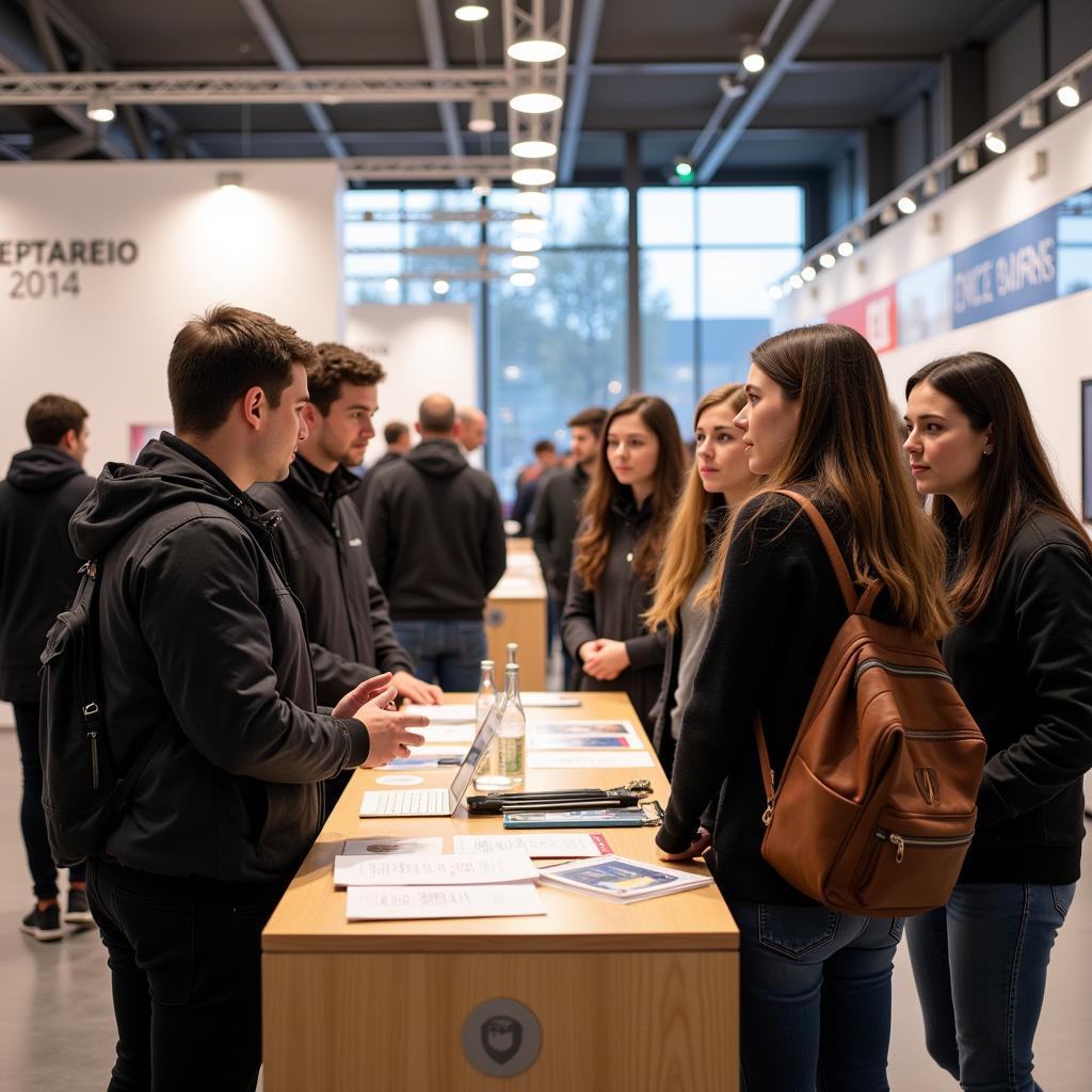 Besucher und Aussteller an einem Stand auf einer Ausbildungsmesse in Leverkusen