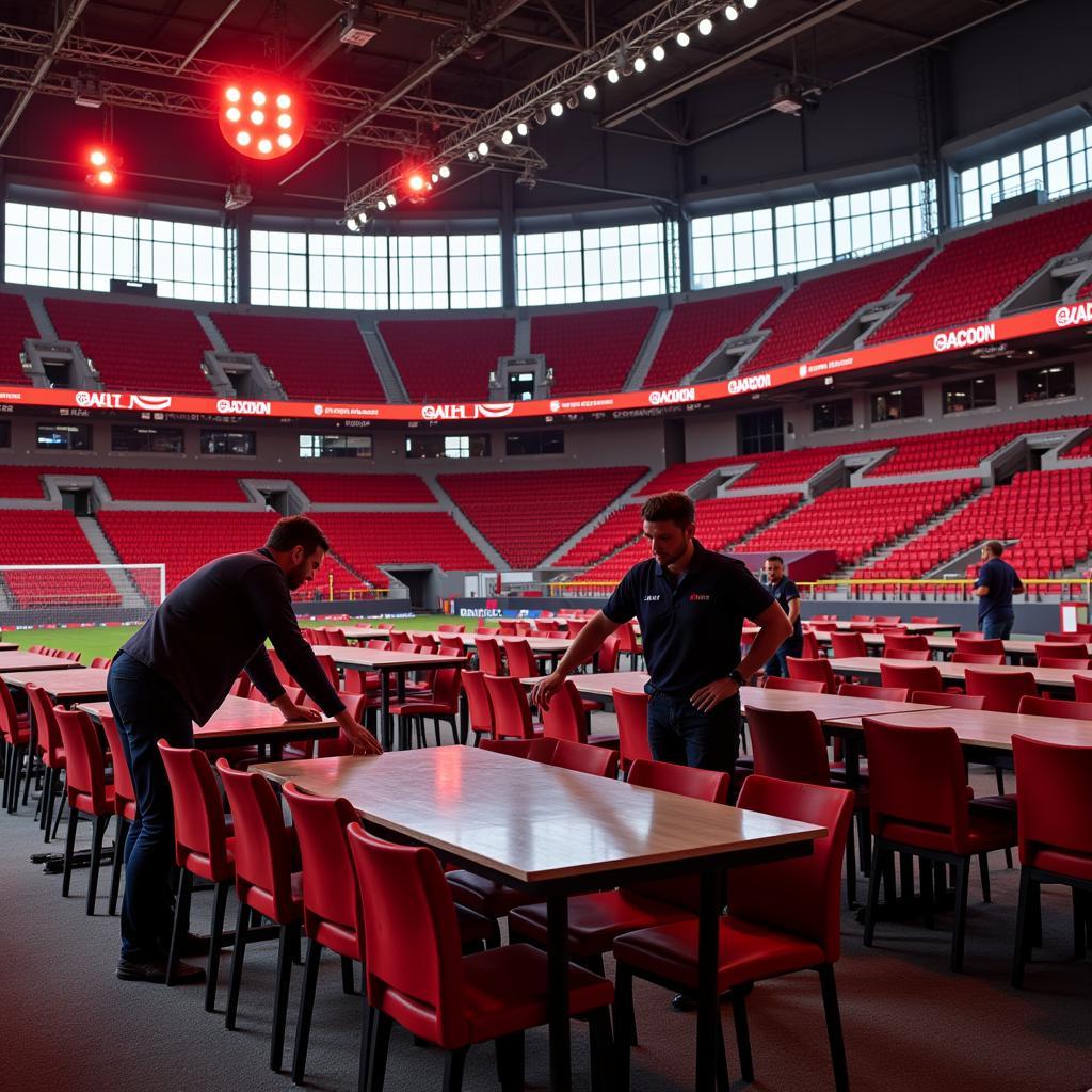 Mitarbeiter bereiten ein Event in der BayArena vor