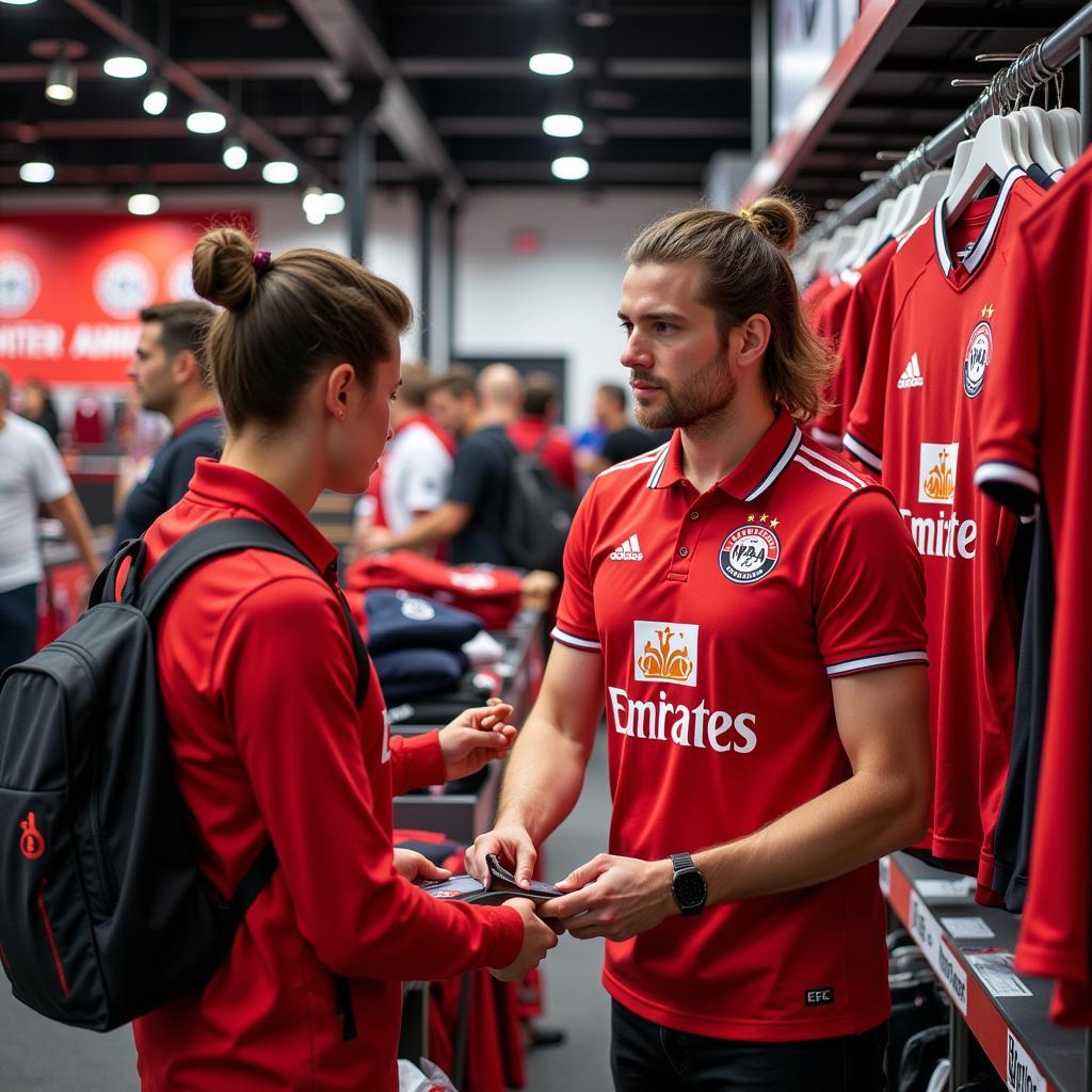 Mitarbeiter im Fanshop der BayArena beraten Kunden