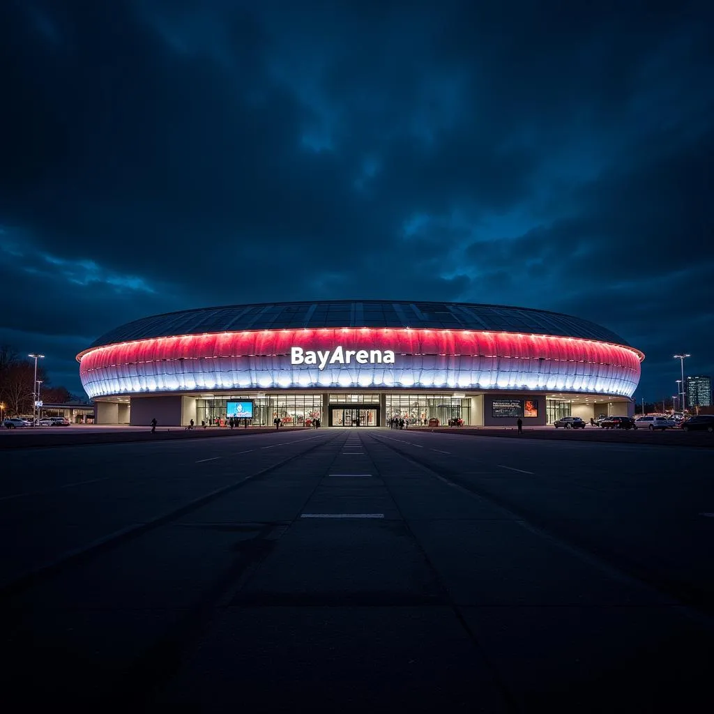 Außenansicht der BayArena bei Nacht