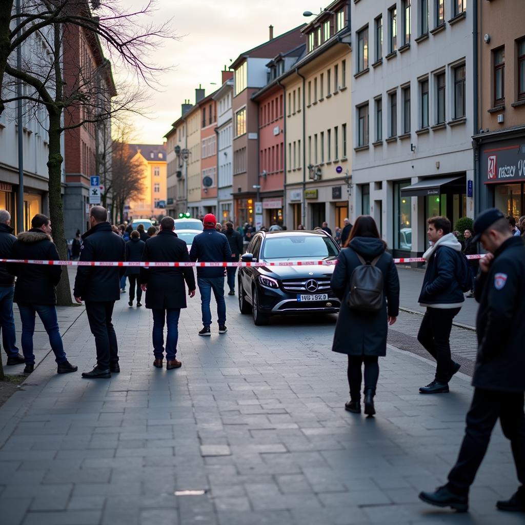 Szene des Vorfalls in Leverkusen: Ein Auto steht mitten auf dem Bürgersteig, umgeben von Polizeiabsperrungen und Schaulustigen.