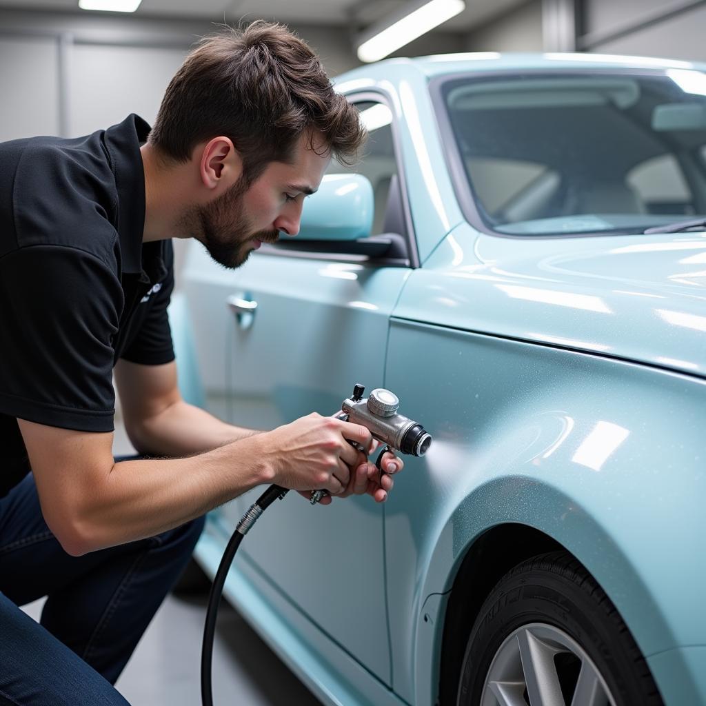 Professionelle Autolackierung in Leverkusen mit Farbspritzpistole.