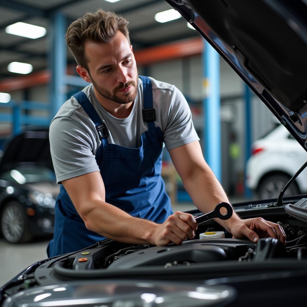 Automechaniker repariert ein Auto in einer Werkstatt in Leverkusen