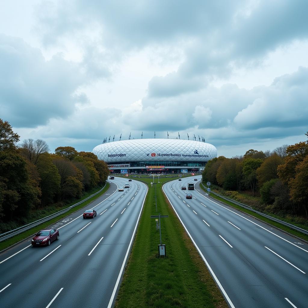 Autobahn A3 bei Leverkusen mit Blick auf die BayArena