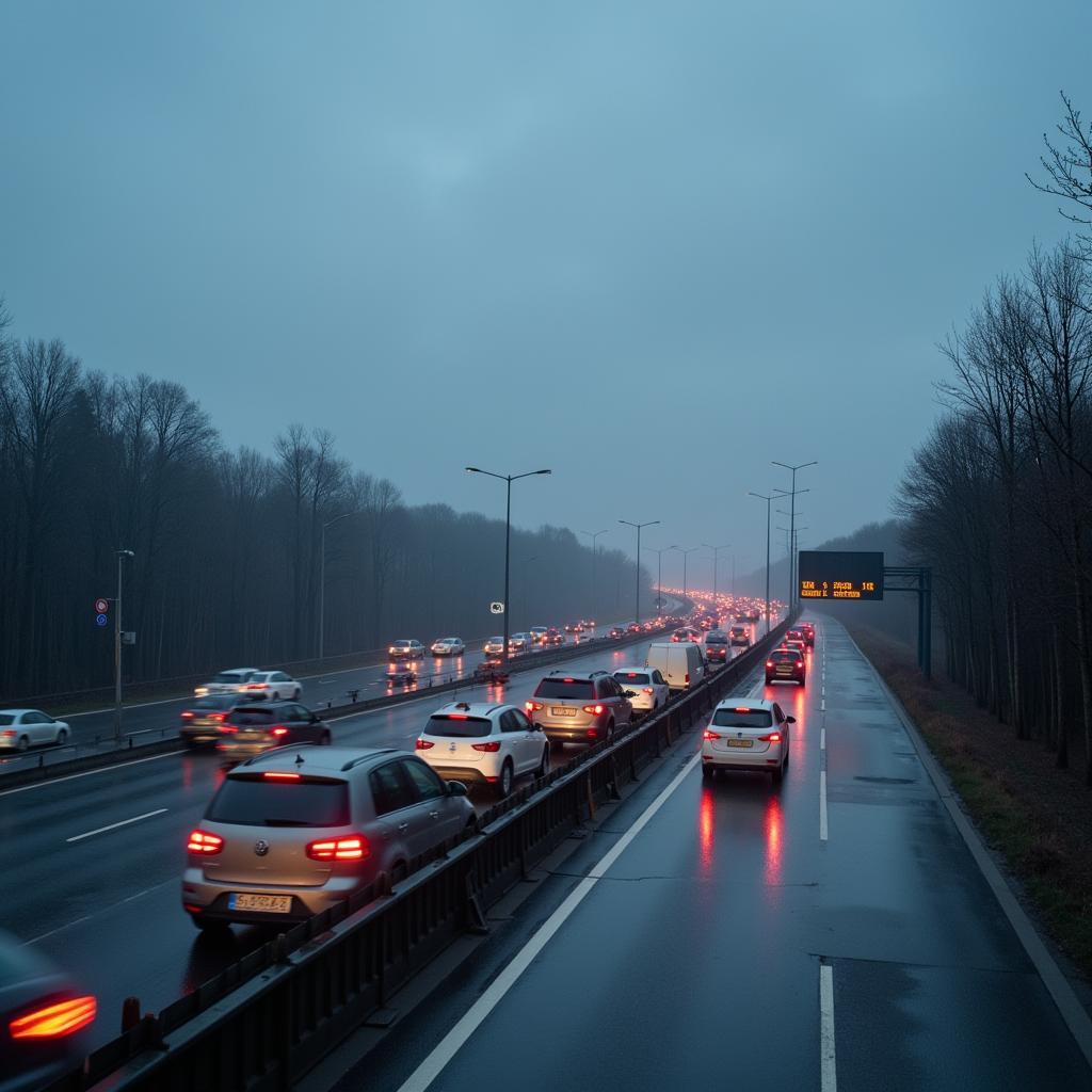 Verkehrslage auf der Autobahn Leverkusen bei schlechtem Wetter