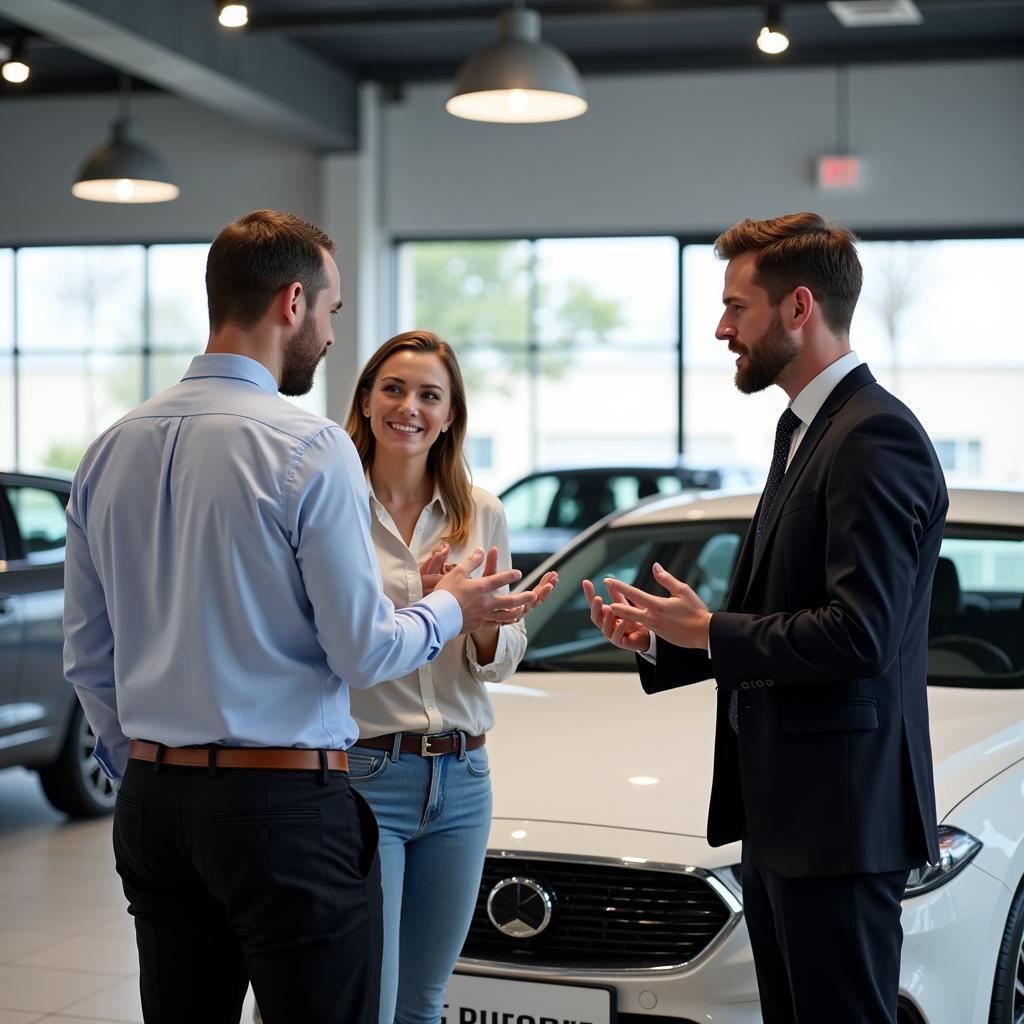 Autoverkäufer berät Kunden im Autohaus