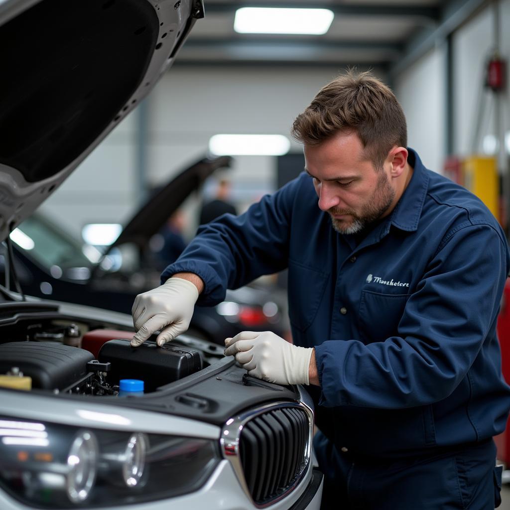 Ein erfahrener Automechaniker in Leverkusen Manfort führt eine Inspektion an einem Fahrzeug durch