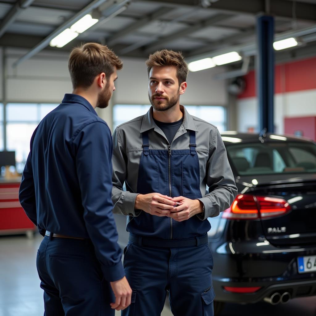 Automechaniker in Leverkusen berät Kunden