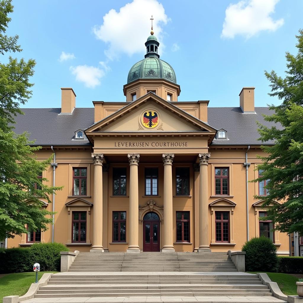 Gericht Leverkusen - Ein Gebäude mit Säulen und dem deutschen Wappen.