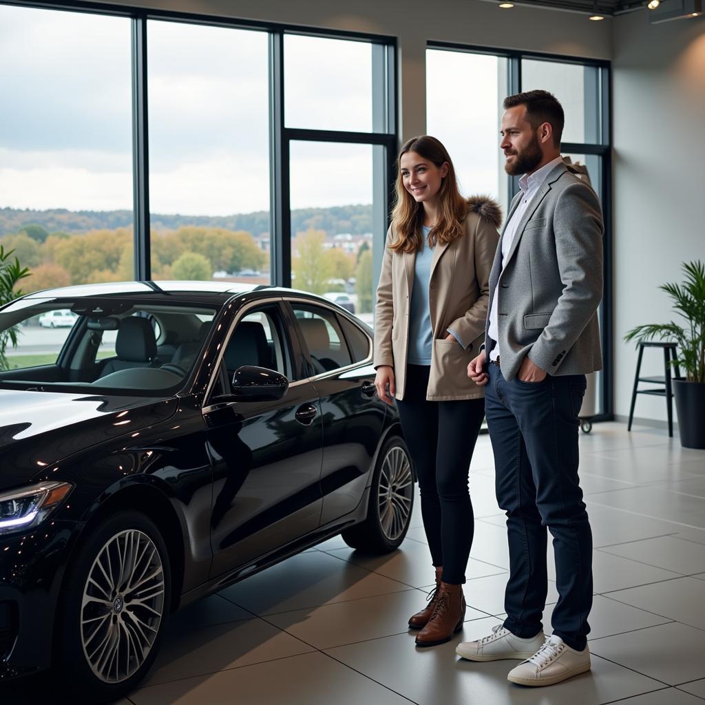 Autoverkäufer berät Kunden im Autohaus in Leverkusen