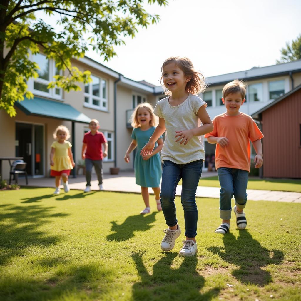 Kinder spielen fröhlich auf dem Spielplatz der AWO Kindertagesstätte