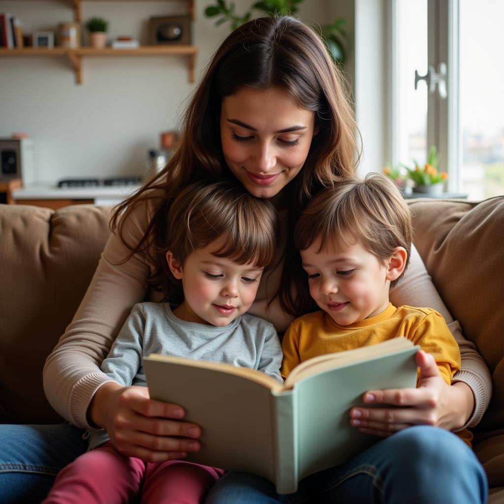 Babysitter liest Kindern ein Buch vor