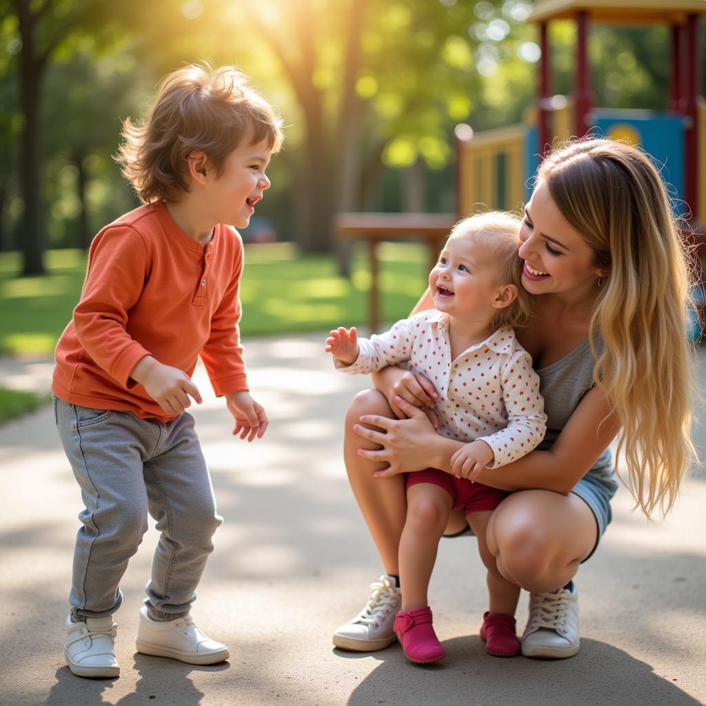 Babysitter spielt mit Kindern auf dem Spielplatz