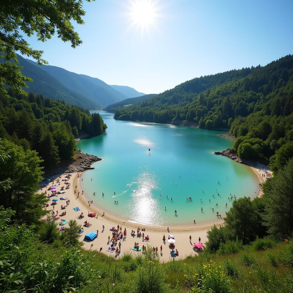 Panoramablick auf den Badesee Hitdorf mit Schwimmern und Sonnenanbetern