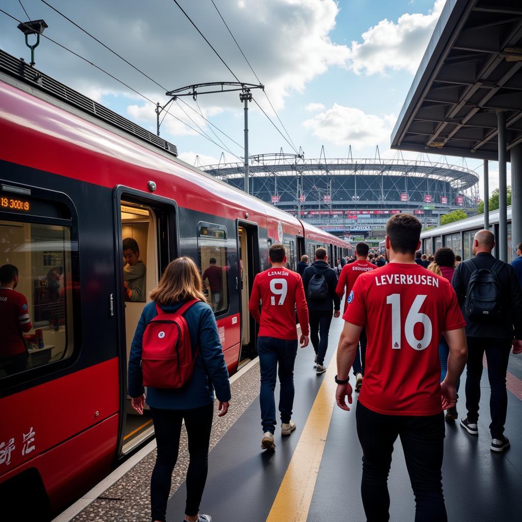 Ankunft mit der Bahn am Stadion Bayer Leverkusen