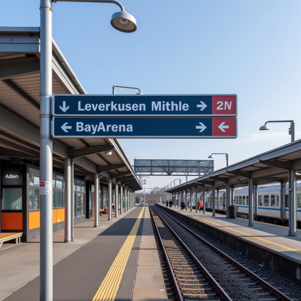 Gut ausgeschilderter Bahnhof Leverkusen Mitte mit Blick auf die BayArena