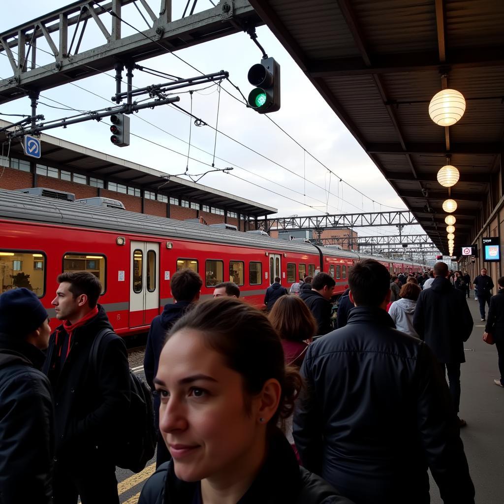 Fußballfans am Bahnhof Leverkusen Mitte auf dem Weg zum Spiel