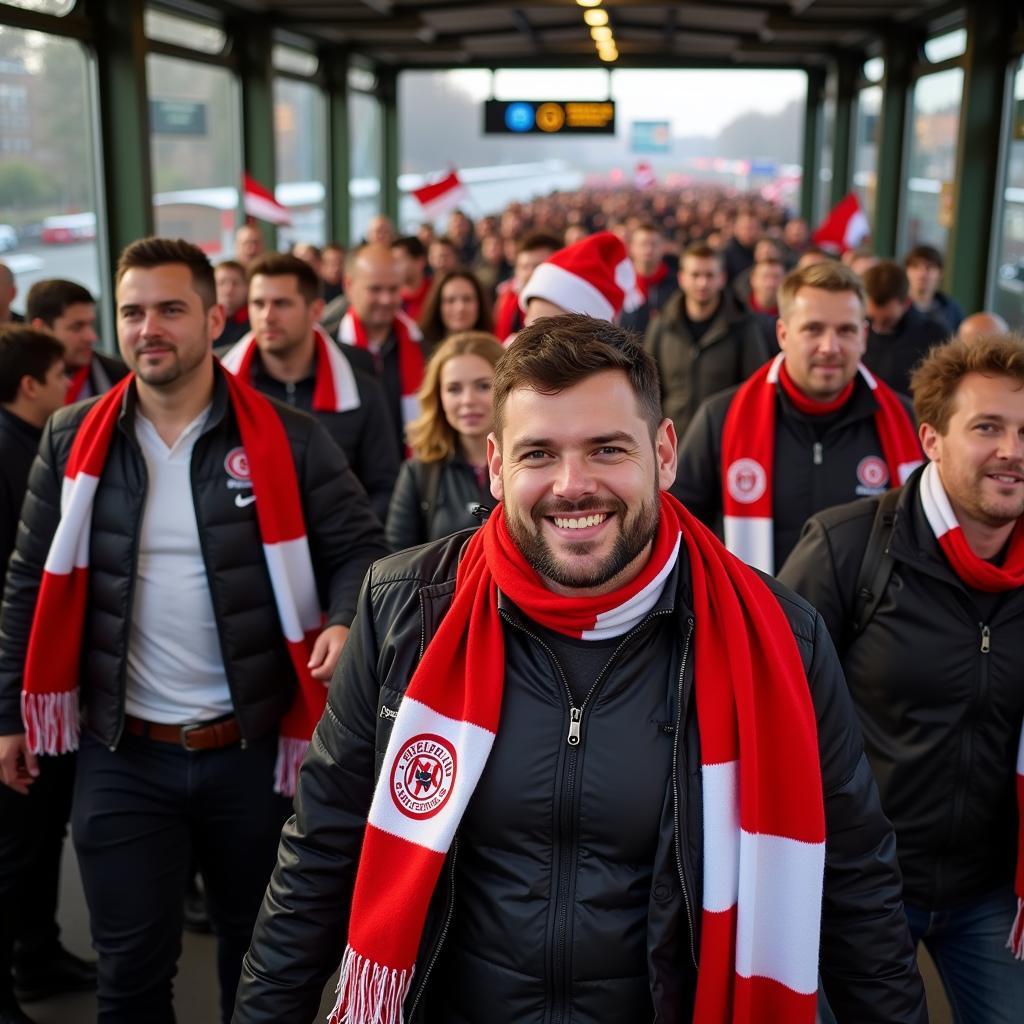 Fans von Bayer 04 Leverkusen am Bahnhof Leverkusen-Opladen