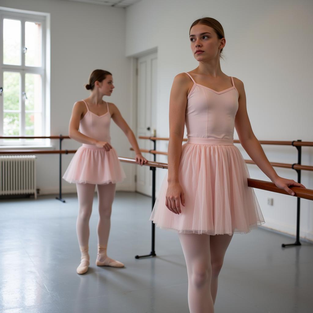 Ballettschülerinnen üben an der Stange