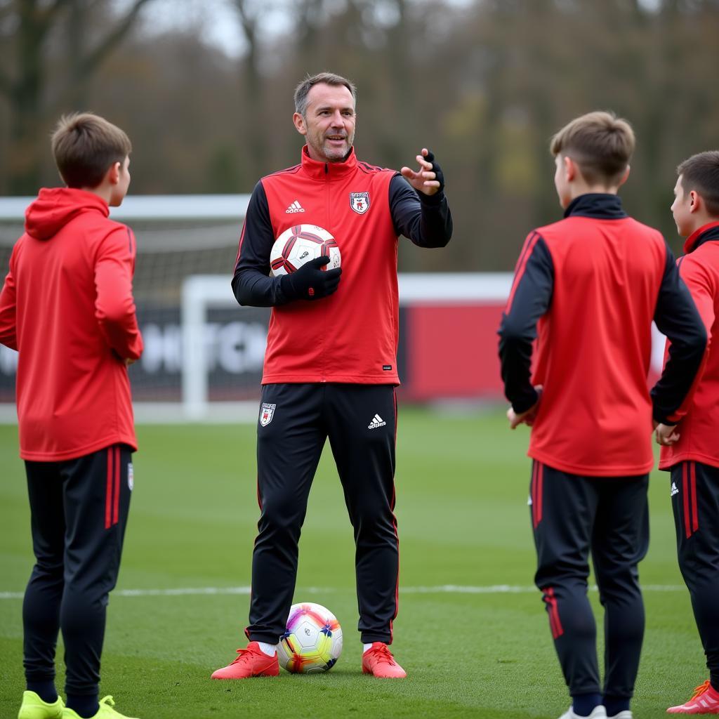 Ein Trainer gibt Anweisungen an die Jugendmannschaft Ballons Leverkusen Hitdorf während einer Trainingseinheit.