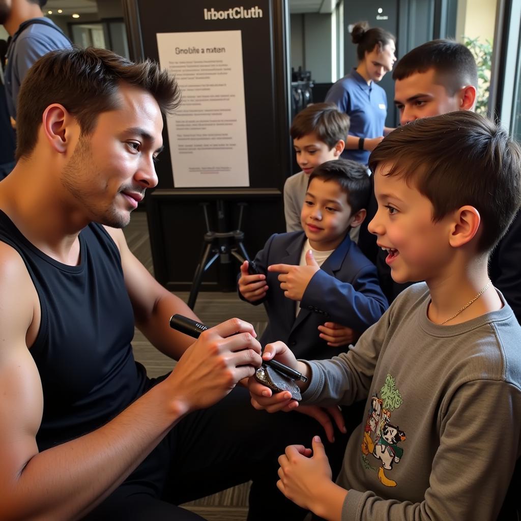 Balou gibt einem jungen Fan ein Autogramm.