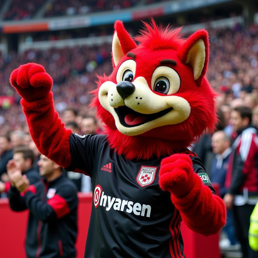 Balou, das Maskottchen von Bayer 04 Leverkusen, im Stadion bei einem Heimspiel.