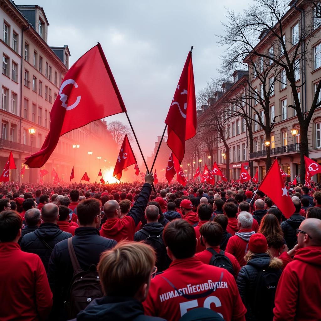 Barmer Leverkusen Fans auf dem Ludwig-Erhard-Platz jubeln der Mannschaft zu