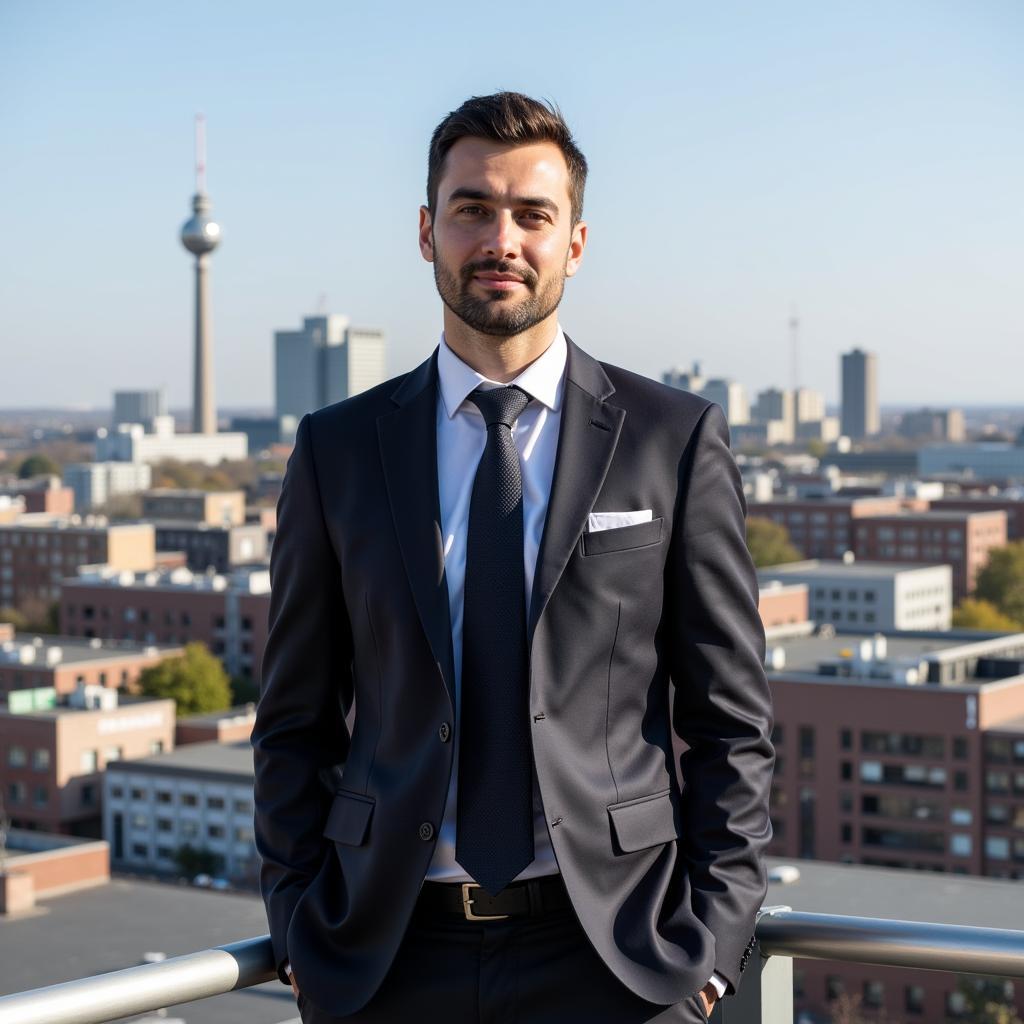 Baskin M. Sc. Burak Leverkusen vor dem Hintergrund der Leverkusener Skyline