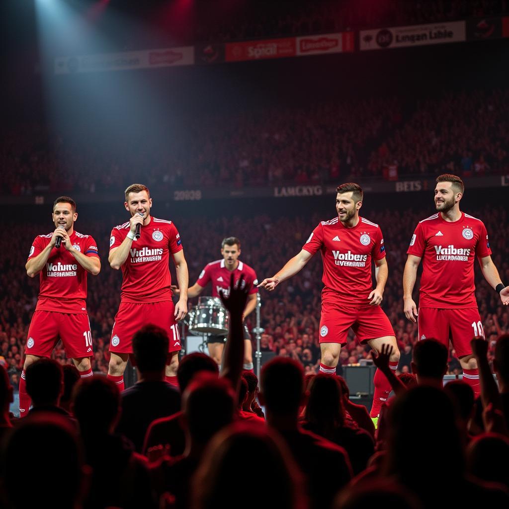 Spieler von Bayer 04 Leverkusen auf der Bühne bei einem Bassballs Konzert