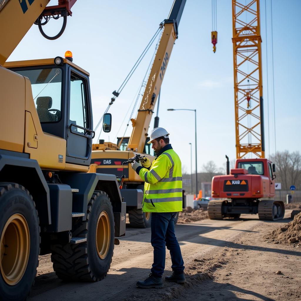 Bauarbeiter bedienen einen Baukran auf einer Baustelle in Leverkusen